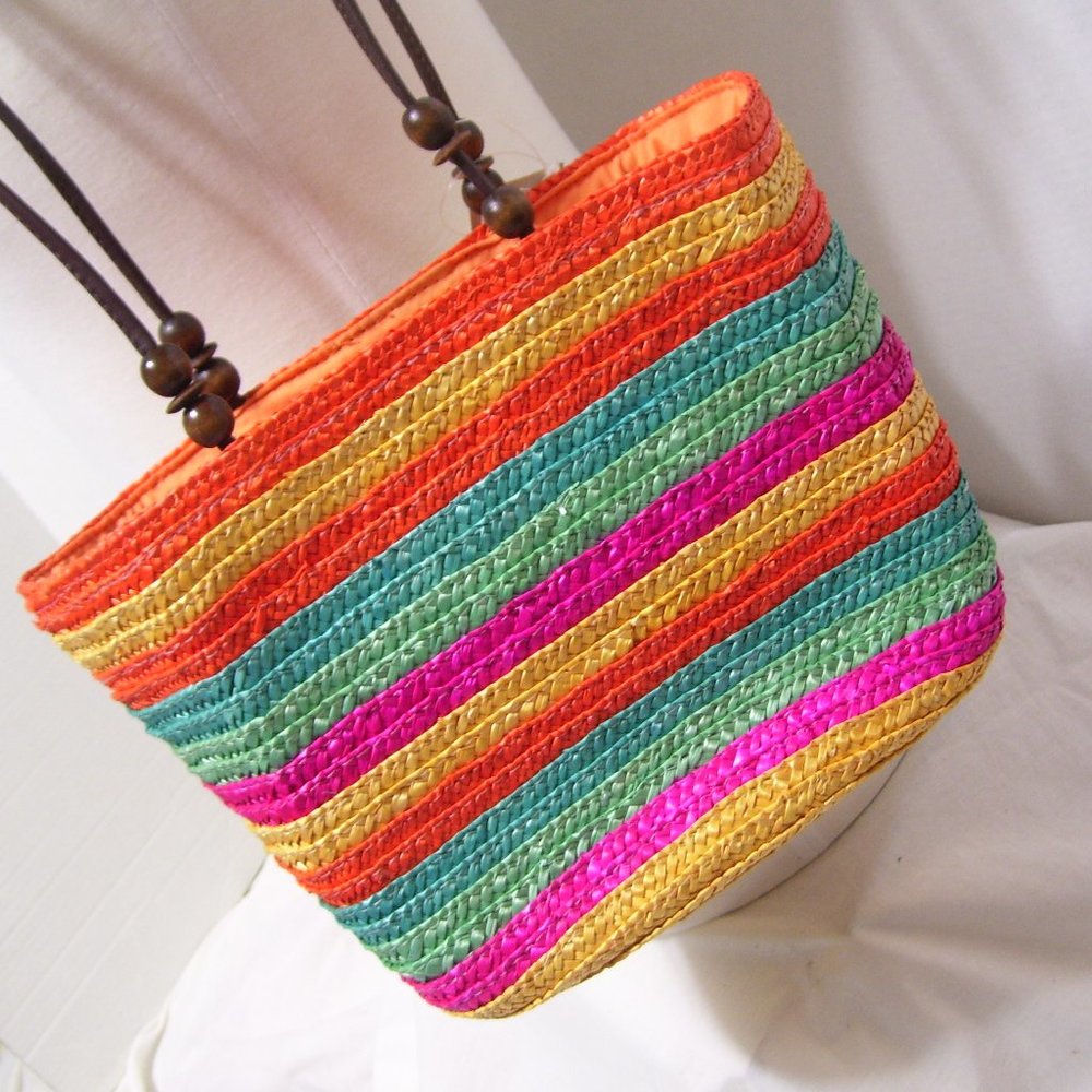 Fashion Handbag. Bright striped Straw Bag Orange Blue Yellow NWOT